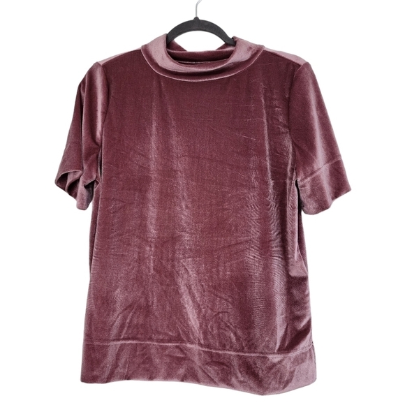 By Anthropologie Pink Rose Krista Velvet short sleeve mockneck top holiday girly - Picture 3 of 12